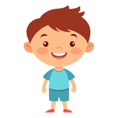 Cheerful Young Boy Character with Brown Hair Isolated on White Background, Smiling, Wearing Blue Outfit