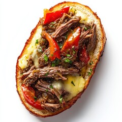 Open-faced sandwich with pulled beef, cheese, red peppers, and herbs on toasted bread