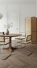 Fototapeta premium Minimalist Dining Room with Mixed Chairs