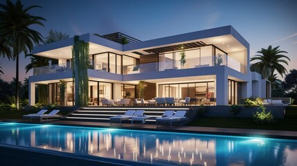 Fototapeta premium A photo of a triple-story contemporary villa.
