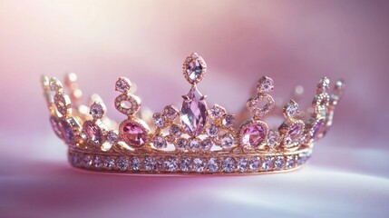 A delicate diamond crown with shimmering gemstones displayed against a soft pink backdrop.