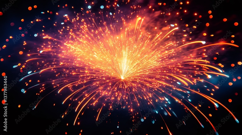 Poster bright orange fireworks exploding in the night sky with bokeh effect