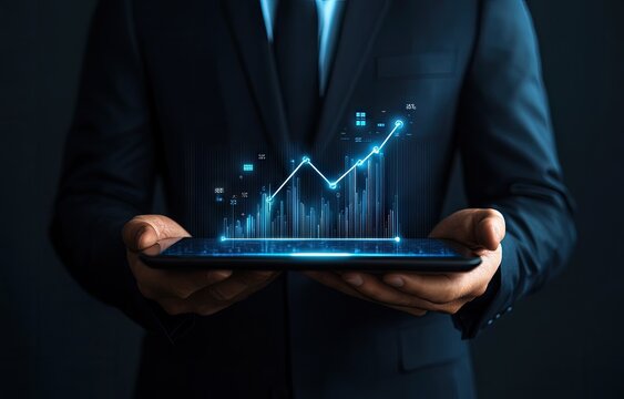 Businessman holding a tablet with a growing graph projection
