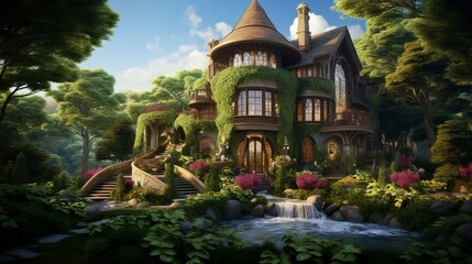 Fototapeta premium A photo of a triple-story home in lush surroundings.