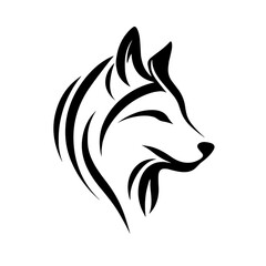 Fototapeta premium Stylized Wolf Head Icon, Black and White Monochrome, Representing Wilderness and Strength against Isolated White Background with copy space
