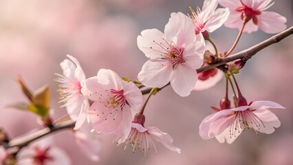 Naklejka premium Pink cherry blossoms, blooming flowers, spring floral, soft focus background