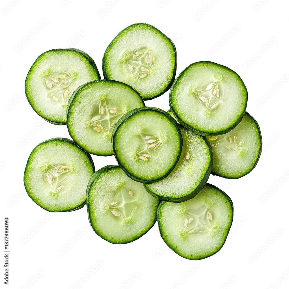 Poster fresh sliced cucumber on a clean white background showcasing its vibrant green color and crisp textu