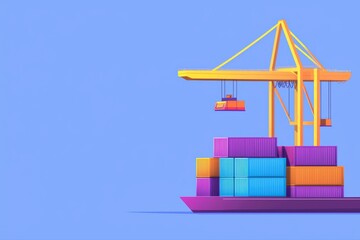 Colorful crane and shipping containers on blue background