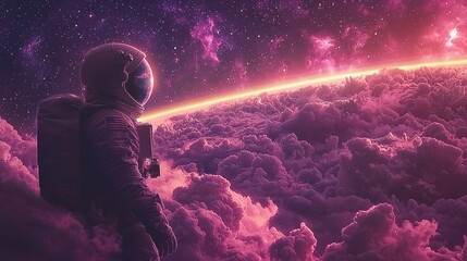Astronaut in space suit standing on pink clouds, gazing at starry sky with purple and pink hues.
