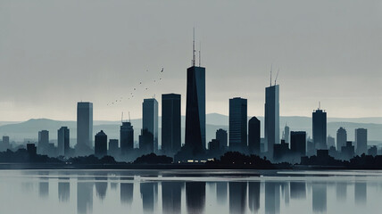 Fototapeta premium artist's painting, modern abstract art, calm colors, clear lines, city landscape in a minimalist styl