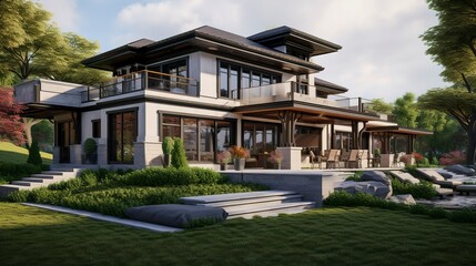 Fototapeta premium A photo of a triple-story home with flat roof. ,