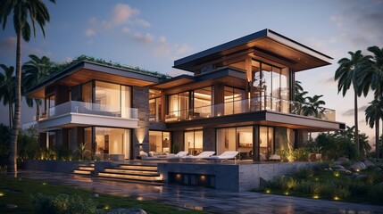 A photo of a triple-story home with flat roof. ,