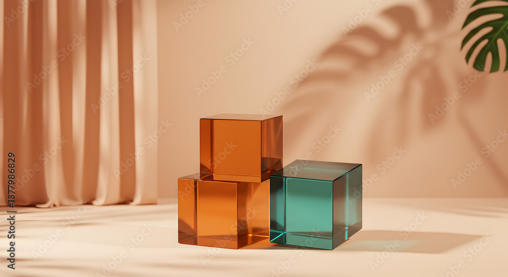 Poster abstract still life featuring crystal cubes in minimal beige setting with tropical leaf shadows and 