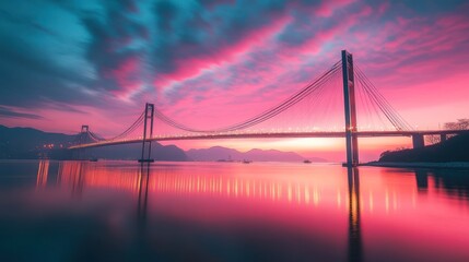Obraz premium Vibrant sunset over a suspension bridge reflecting in calm water.