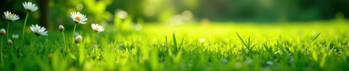 Obraz premium Softly lit lawn with emerald green grass and wildflowers blooming, flowers, meadow