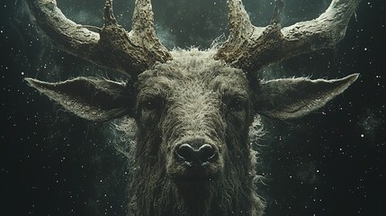 Close-up of deer head with large antlers against dark background with falling snow.
