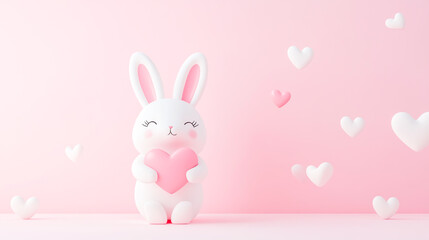 Obraz premium Charming 3D bunny holding a pink heart, surrounded by floating love symbols on a soft pastel pink background