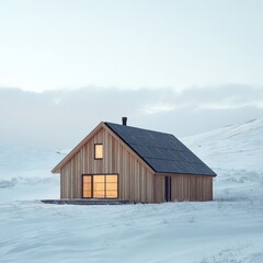 Modern Wooden House with Solar Panels in a Snowy Landscape