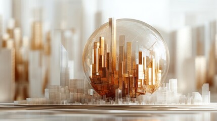 Glass sphere encapsulating a miniature golden city skyline against a blurred cityscape background.