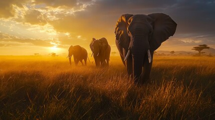 Three elephants walking in a field with the sun setting in the background