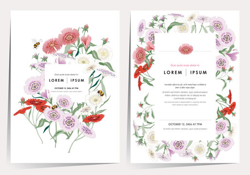  A Colorful Field of Blooming Dianthus Flowers. Vector illustration of template set in Minhwa, Korean Folk Painting Style 	