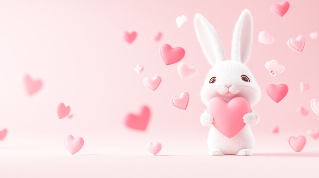 Charming 3D bunny holding a pink heart, surrounded by floating love symbols on a soft pastel pink background