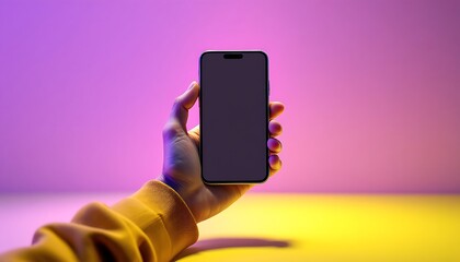 Hand Holding Mobile Phone with Blank Screen in Vibrant Lighting Setup