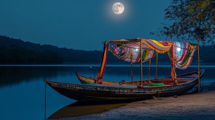 Obraz premium Moonlit wooden boat with canopy at empty riverside 169