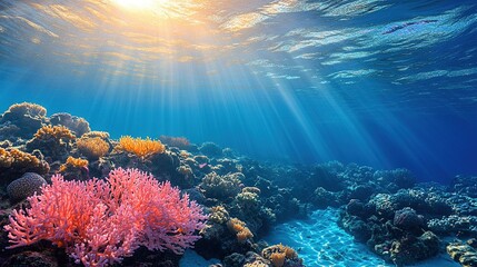 Underwater view of colorful corals with sunlight shining through ocean water, beautiful marine reef scene.
