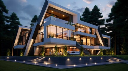 A photo of a triple-story house with angular facade. ,