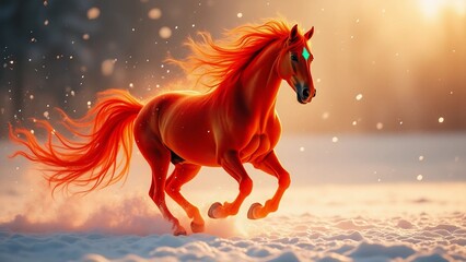 Fiery Majestic Horse Running in Snow &ndash; Fantasy Art