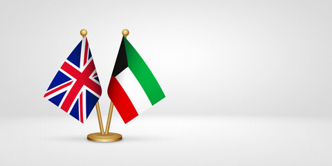 UK vs Kuwait desk flags mockup 3d illustration. Versus flag of United Kingdom of Great Britain