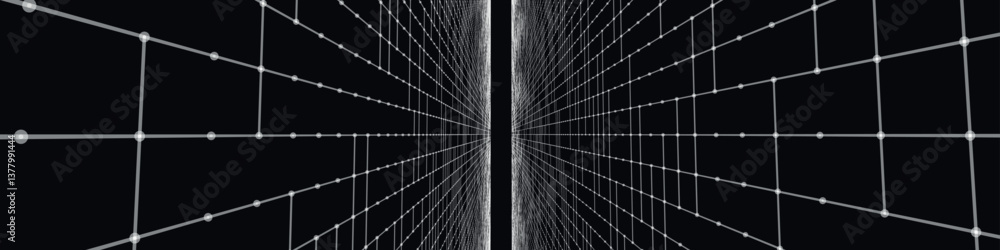 Poster futuristic black and white perspective grid. abstract wireframe with white grid on black background.