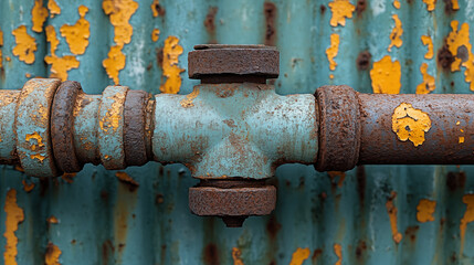 Rusty pipe valve with turquoise peeling paint against weathered metal background, industrial infrastructure maintenance concept
