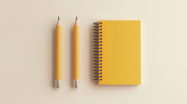 Two yellow pencils beside a yellow spiral notebook on a light background