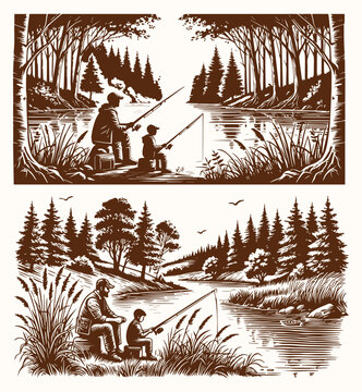 Dad And Son Doing Fishing Silhouette