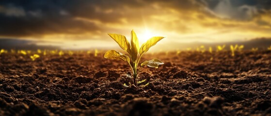 A young plant sprouts from rich soil under a dramatic sunrise, symbolizing growth and renewal in nature.