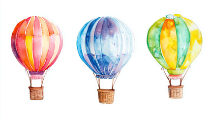 A colorful hot air balloon is isolated on a clean white background, displaying its bold and bright design.

