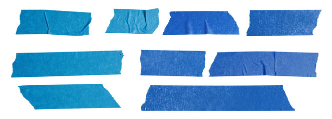 Various Pieces of Blue Paper Tape Are Displayed in an Organized Manner. These Strips Show Different...