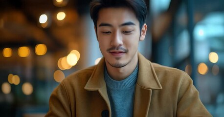 Young man enjoys tablet while sitting in a cozy cafe filled with warm lights on a relaxed afternoon