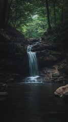 Serene forest waterfall cascading over rocks in lush greenery