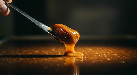 AI-generated illustration of a spoon dipping into rich caramel sauce