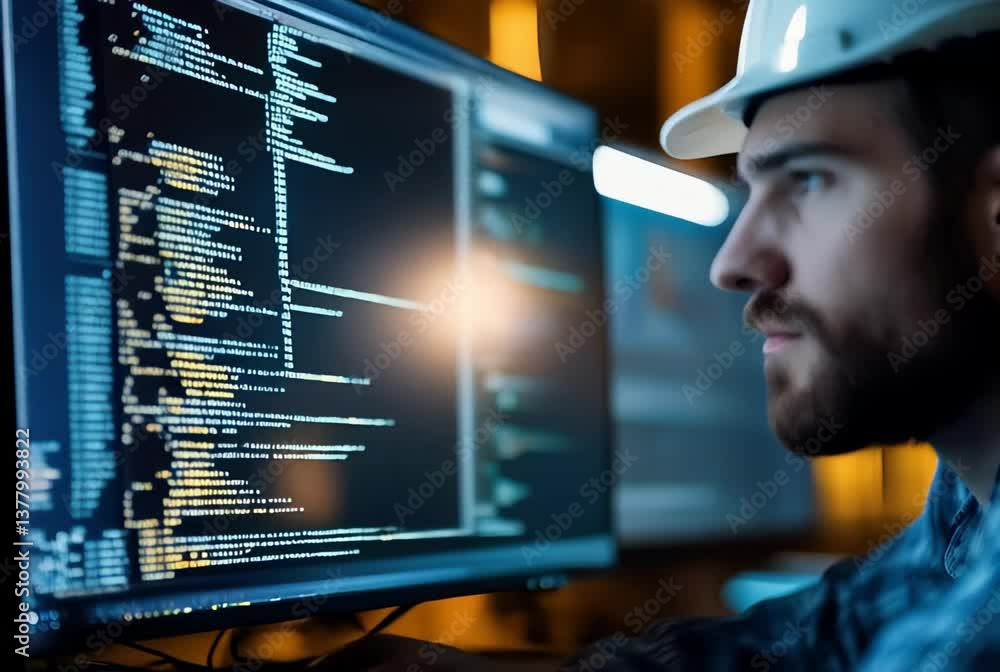 Poster young engineer works intensely on coding project in modern office environment during evening hours
