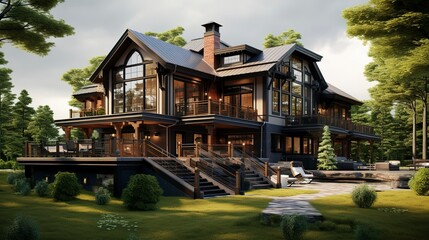 Obraz premium A photo of a triple-story house with metal roof. ,