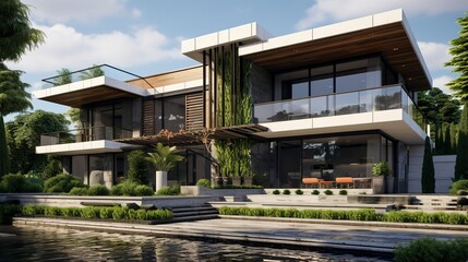 Fototapeta premium A photo of a triple-story house with modern textures. ,