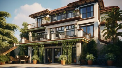 A photo of a triple-story house with open balconies.