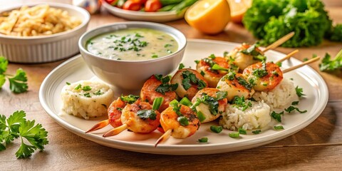 Delectable Grilled Scallops and Vegetables on Skewers Served with Creamy Sauce and Fluffy Rice