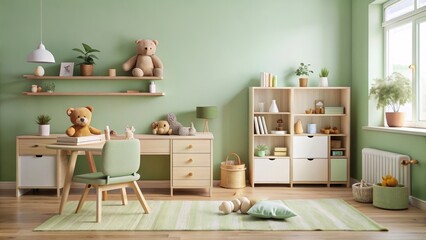 Serene Child's Room Interior Design Featuring Light Green Walls and Natural Wood Furniture