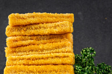 Fish sticks seafood dish fresh gourmet food background on table rustic food top view copy space keto and paleo pescetarian diet