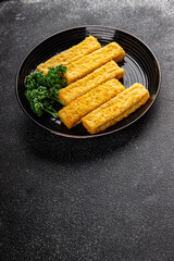 Fish sticks seafood dish fresh gourmet food background on table rustic food top view copy space keto and paleo pescetarian diet